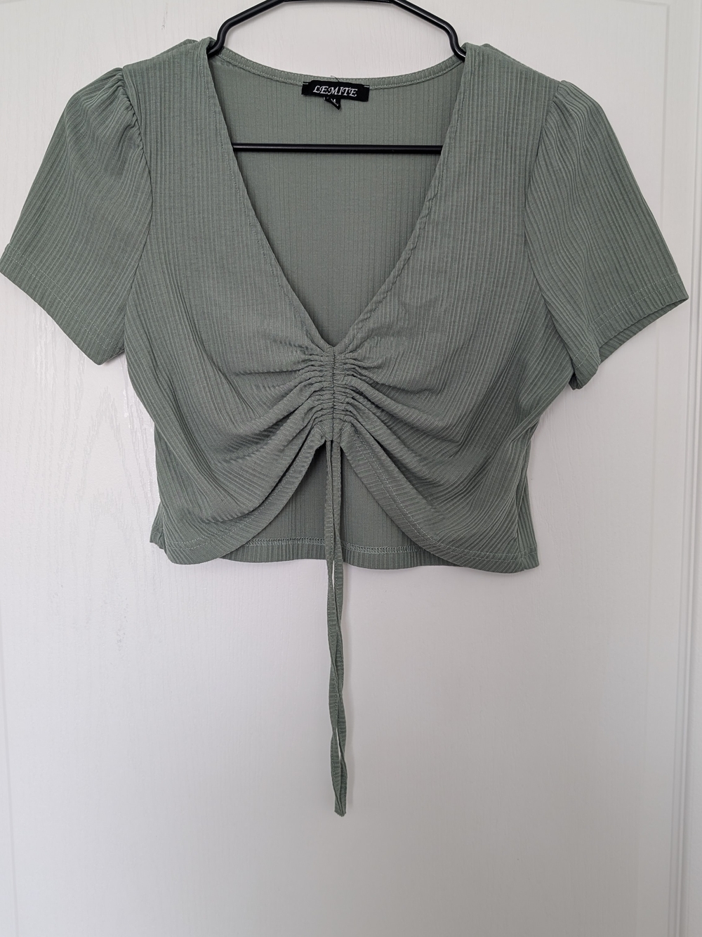 Lemite Sage Green Ruched V-Neck Crop Top Size Medium